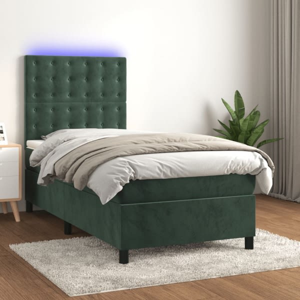 vidaXL Ramsäng med madrass & LED mörkgrön 90x200 cm sammet Grön