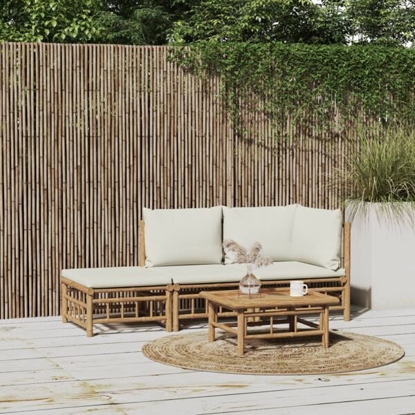 vidaXL Loungegrupp för trädgården med gräddvita dynor 3 delar bambu Brun