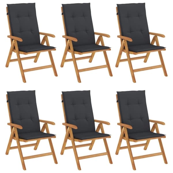 vidaXL Fällbara fåtöljer med dynor, 6 st, massivt trä, teak Brun