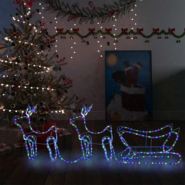 vidaXL Juldekoration renar och släde 576 lysdioder multifärg