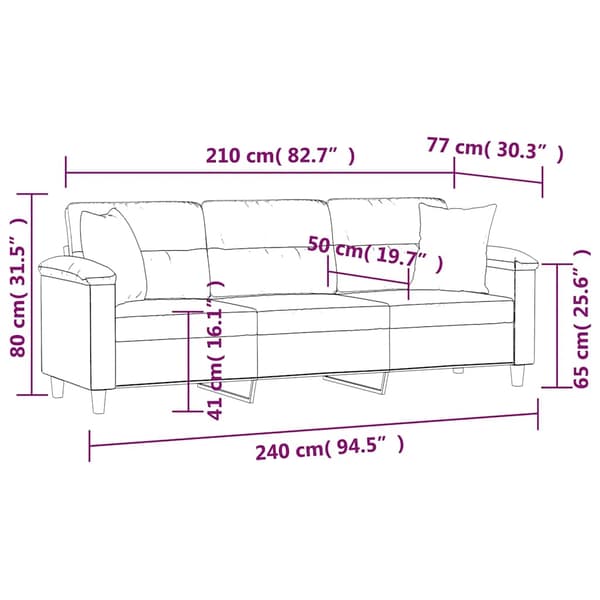 vidaXL 3-sitssoffa med kuddar&delar mörkgrå 210 cm mikrofibertyg Grå