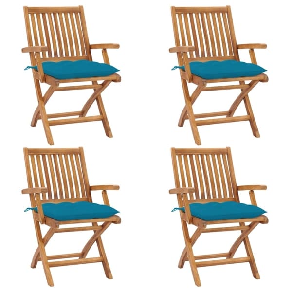 vidaXL Hopfällbara trädgårdsstolar med dynor 4 st massiv teak Blå