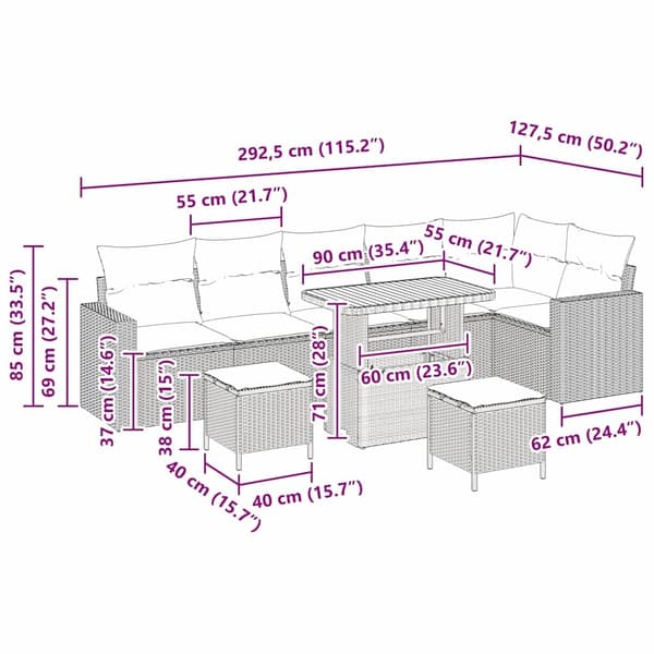 vidaXL Trädgårdsoffset 9 pcs Beige konstrotting Beige