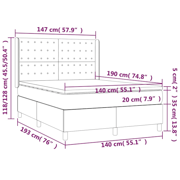 vidaXL Ramsäng med madrass & LED ljusgrå 140x190 cm sammet Grå