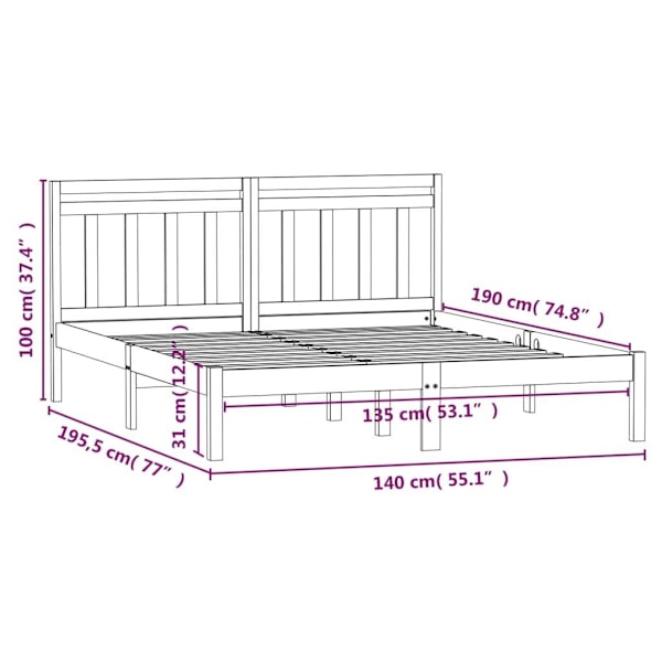 vidaXL Sängram massiv furu 135x190 cm Brun