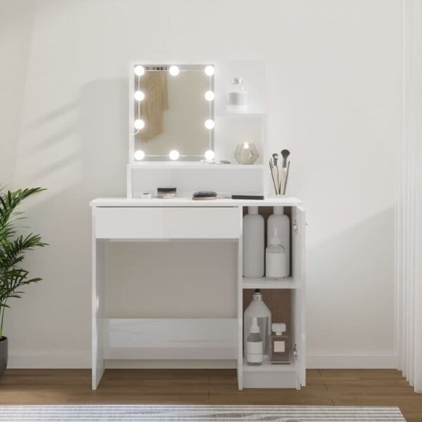 vidaXL Sminkbord med LED vit högglans 86,5x35x136 cm Vit