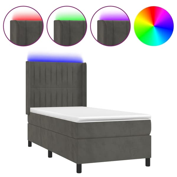 vidaXL Ramsäng med madrass & LED mörkgrå 90x190 cm sammet Grå