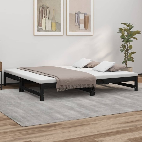 vidaXL Utdragbar dagbädd svart 2x(100x200) cm massiv furu Svart