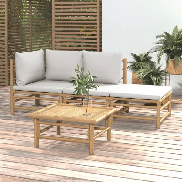 vidaXL Loungegrupp för trädgården 4 delar ljusgråa dynor bambu Brun