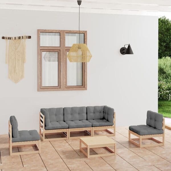 vidaXL Loungegrupp med dynor 6 delar massiv furu grå