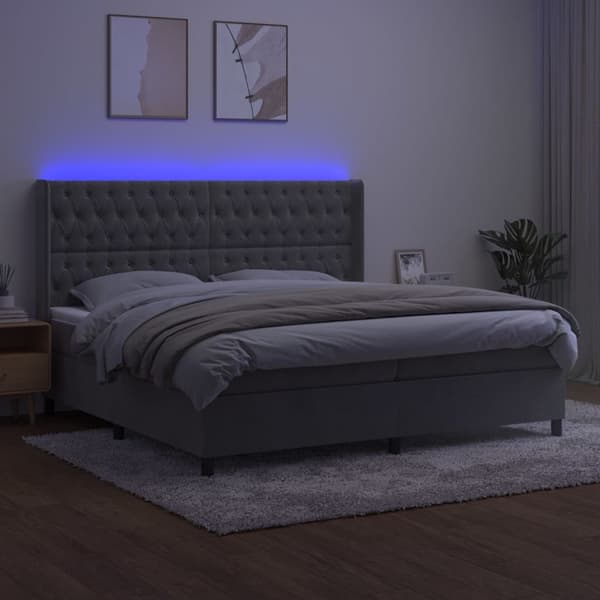 vidaXL Ramsäng med madrass & LED ljusgrå 200x200 cm sammet Grå