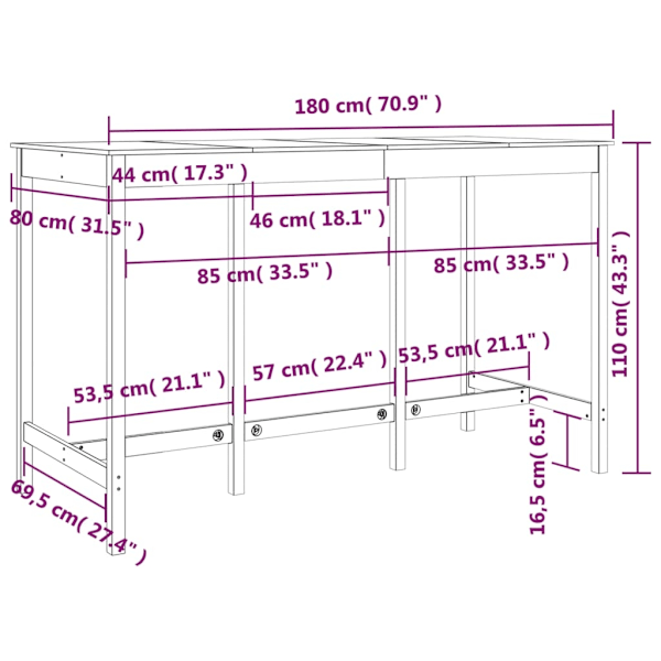 vidaXL Barbord vit 180x80x110cm massiv furu Vit