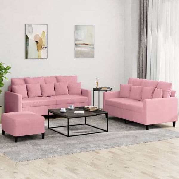 vidaXL Soffgrupp med dynor 3 delar rosa sammet Rosa