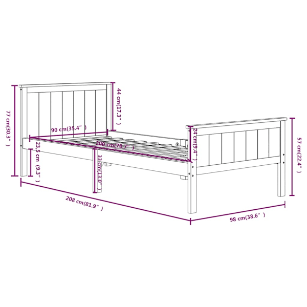 vidaXL Sängram mörkbrun massiv furu 90x200 cm Brun