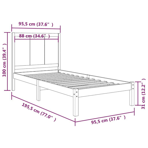 vidaXL Sängram massiv furu 90x190 cm Brun