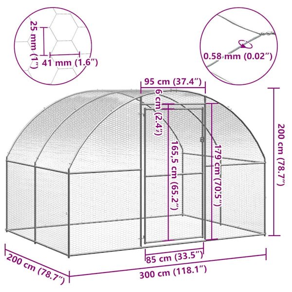 vidaXL Hönsbur för utomhusbruk 3x2x2 m galvaniserat stål Silver