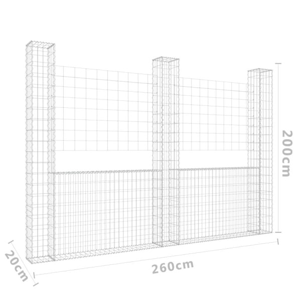 vidaXL U-formad gabionkorg med 3 stolpar järn 260x20x200 cm Silver