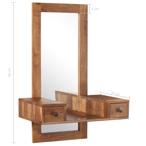 vidaXL Sminkspegel med 2 lådor massivt sheshamträ Brun