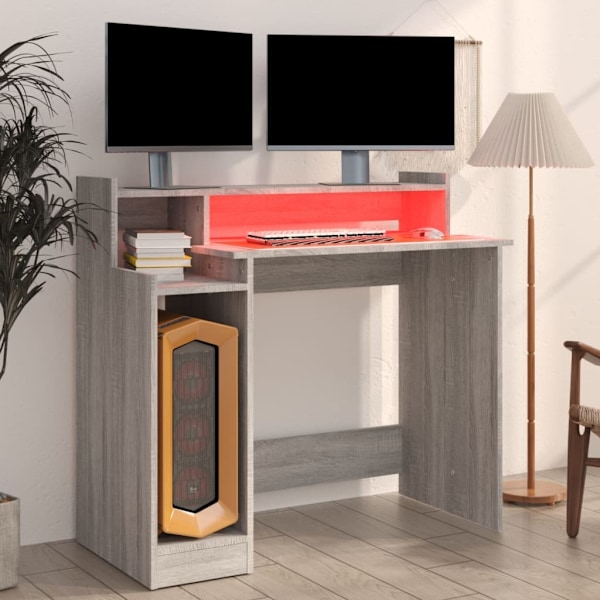 vidaXL Skrivbord med LED grå sonoma 97x45x90 cm konstruerat trä Grå