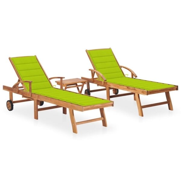 vidaXL Solsäng 2 st med bord och dyna massiv teak Grön