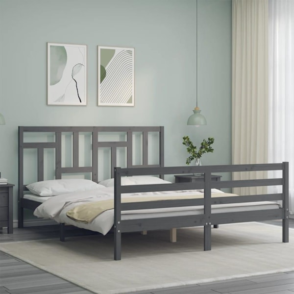 vidaXL Sängram med huvudgavel grå 160x200 cm massivt trä Grå