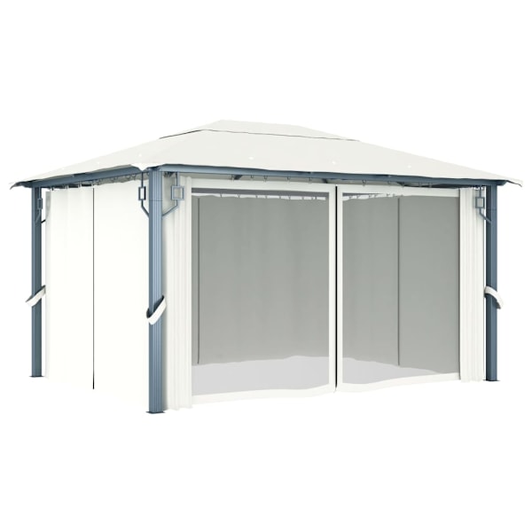 vidaXL Paviljong med gardin & ljusslinga LED 4x3 m gräddvit aluminium Creme