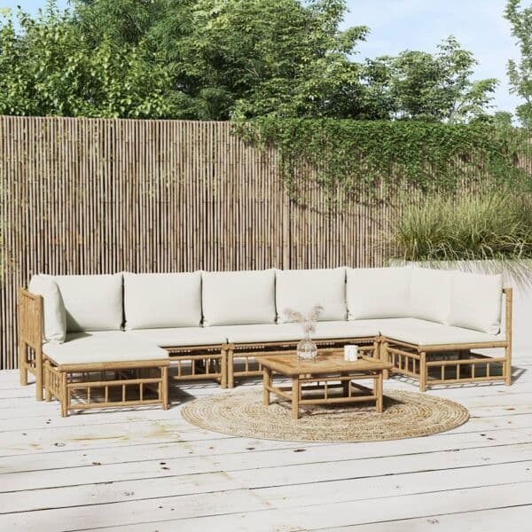 vidaXL Loungegrupp 8 delar gräddvita dynor bambu Brun