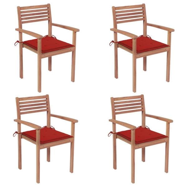 vidaXL Trädgårdsstolar med röda dynor 4 st massiv teak Röd