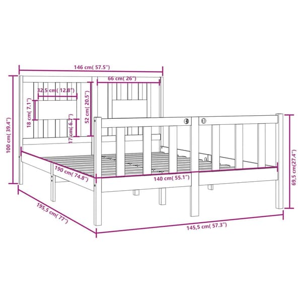 vidaXL Sängram vit massivt trä 140x190 cm Vit