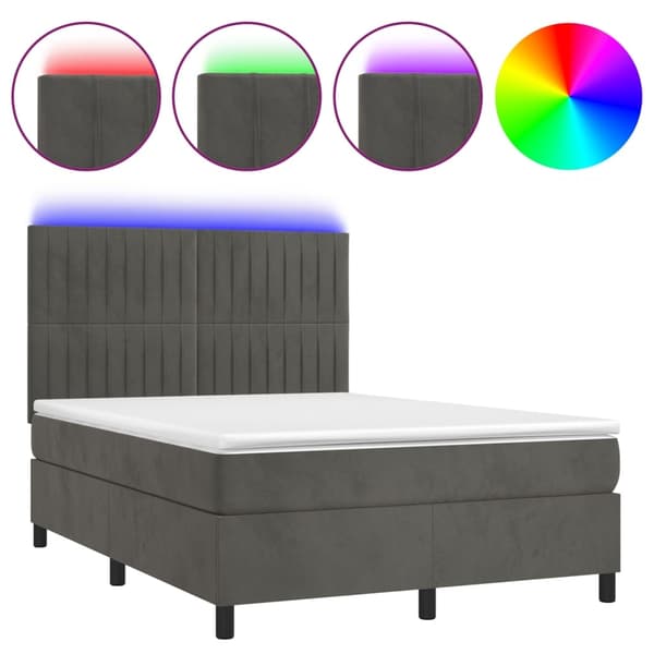 vidaXL Ramsäng med madrass & LED mörkgrå 140x190 cm sammet Grå