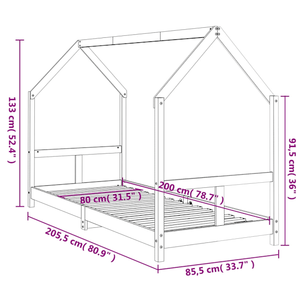 vidaXL Sängram för barnsäng svart 80x200 cm massiv furu Svart