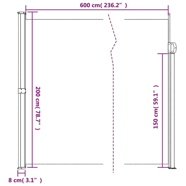vidaXL Infällbar sidomarkis vit 200x600 cm Vit