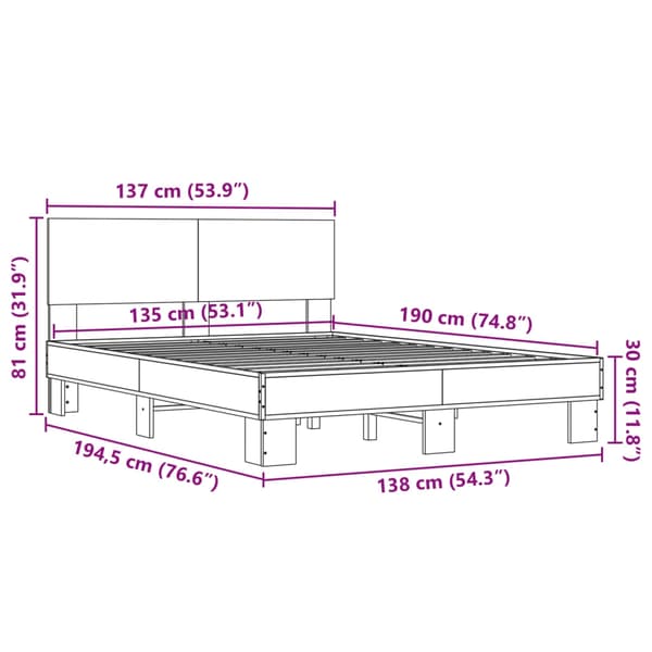 vidaXL Sängram grå sonoma 135x190 cm konstruerat trä och metall Grå