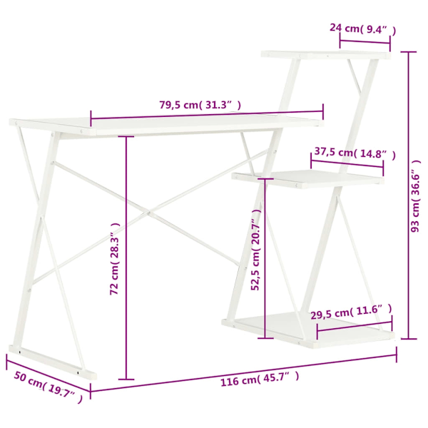 vidaXL Skrivbord med hylla vit 116x50x93 cm Vit