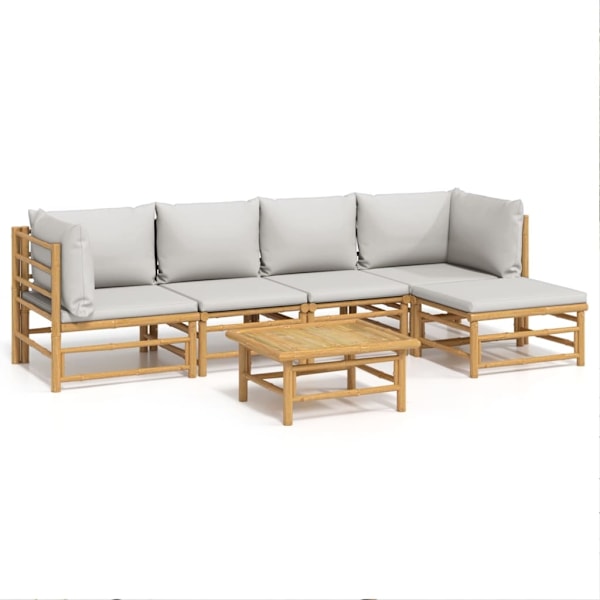 vidaXL Loungegrupp 6 delar ljusgråa dynor bambu Brun