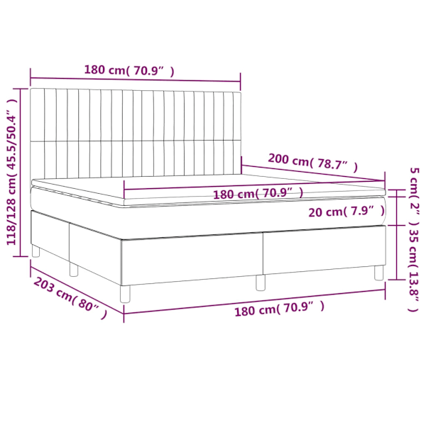 vidaXL Ramsäng med madrass & LED ljusgrå 180x200 cm sammet Grå
