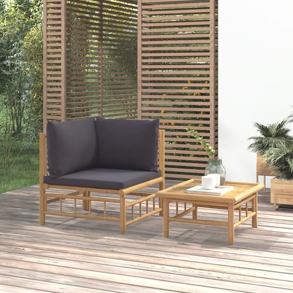 vidaXL Loungegrupp för trädgården 2 delar mörkgråa dynor bambu Grå