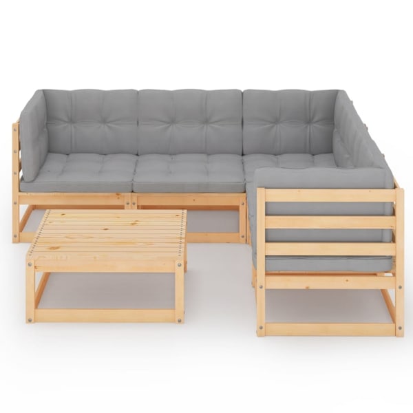 vidaXL Loungegrupp med dynor 6 delar massiv furu grå