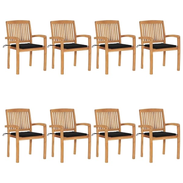 vidaXL Stapelbara trädgårdsstolar med dynor 8 st massiv teak Svart