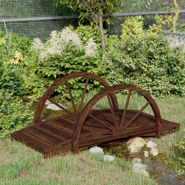 vidaXL Trädgårdsbro med hjulhalvor 99x50x38 cm massivt granträ Brun