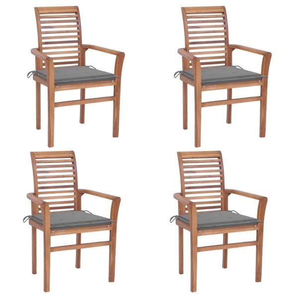 vidaXL Matstolar 4 st med gråa dynor massiv teak grå