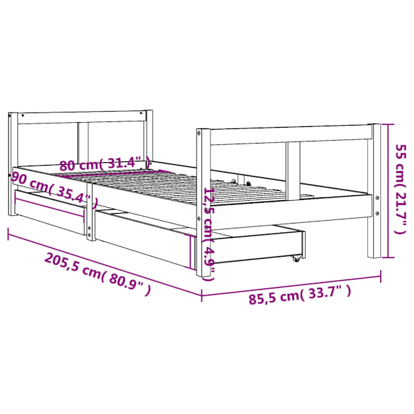 vidaXL Sängram för barnsäng m. lådor vit 80x200 cm massiv furu Vit