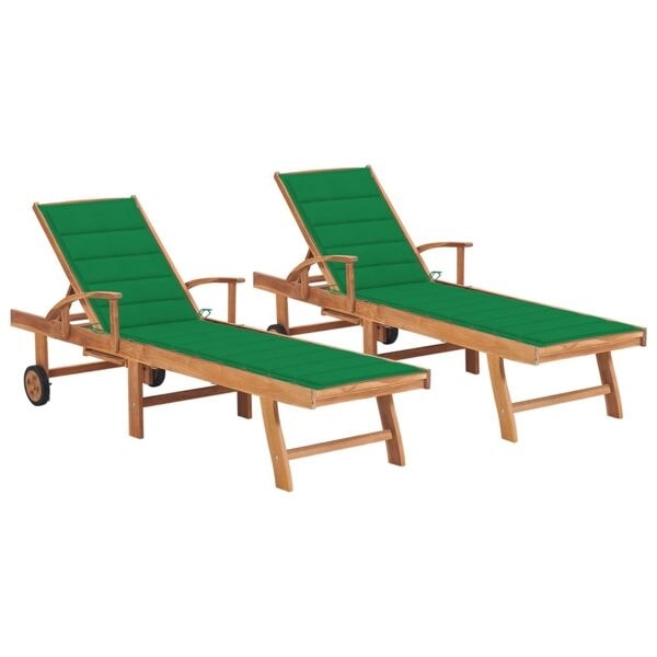 vidaXL Solsäng 2 st med dyna grön massiv teak Grön