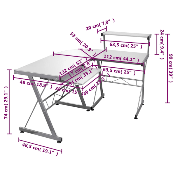 vidaXL Datorbord hörn vit 132x112x99 cm konstruerat trä Vit