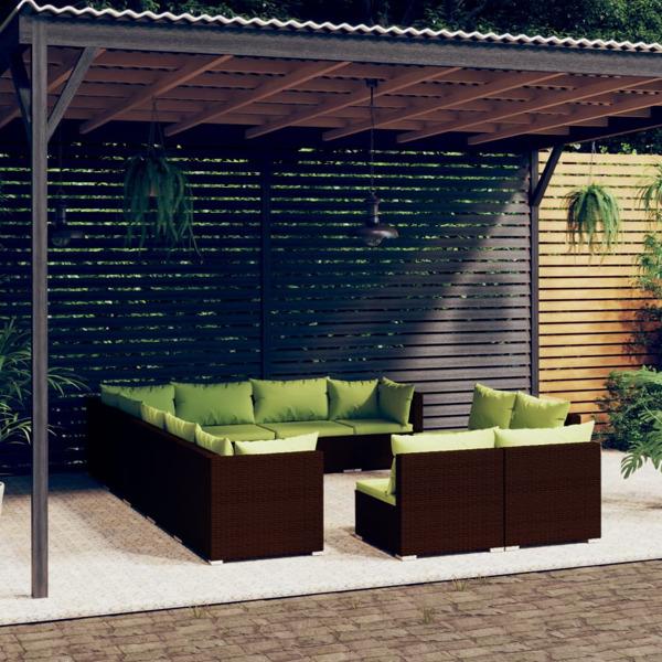 vidaXL Loungegrupp för trädgården med dynor 12 delar brun konstr Brun