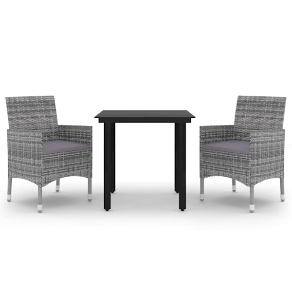 vidaXL Matgrupp för trädgården 3 delar med dynor konstrotting och glas Grå