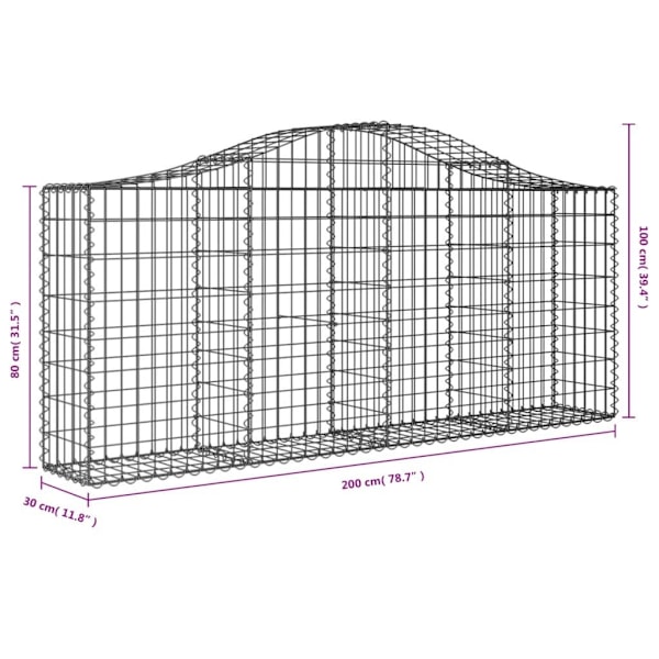vidaXL Gabioner bågformade 8 st 200x30x80/100 cm galvaniserat järn Silver