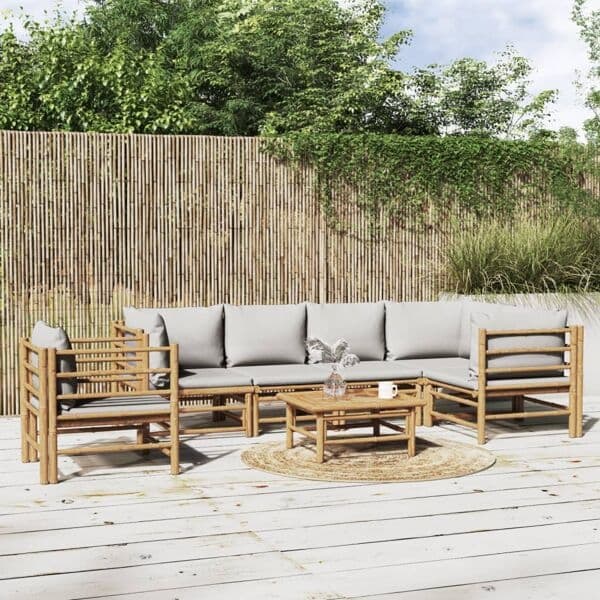 vidaXL Loungegrupp 7 delar ljusgråa dynor bambu Brun