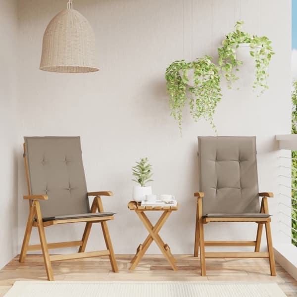 vidaXL Fällbara fåtöljer med dynor, 2 st, massivt trä, teak Brun