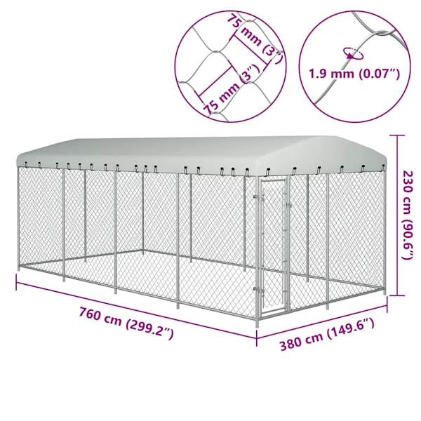 vidaXL Hundgård med tak för utomhusbruk 7,6x3,8x2,3 m Silver
